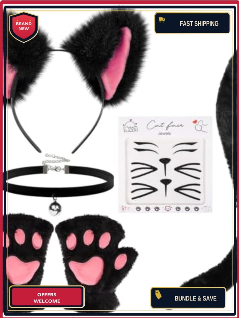 Women's 5 Pc Black Cat Costume Set Plush Ears Tail Paw Gloves Choker